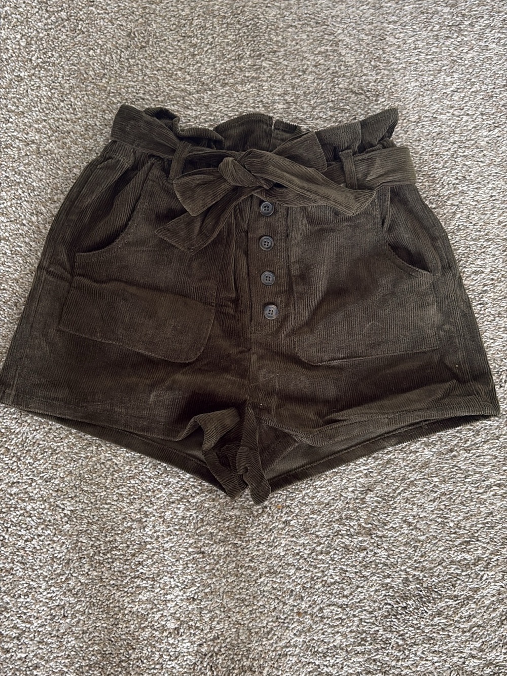 High-Waist Paperbag Corduroy Shorts with Tie Waist - Dark Olive